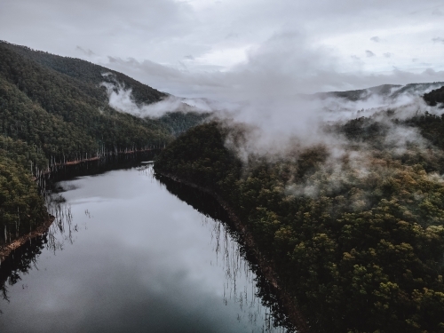 Aerial view of river with overcast sky