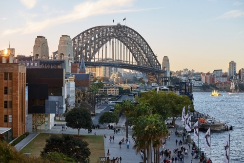 Elevated view of Sydney Harbour Bridge and The Rocks on dusk