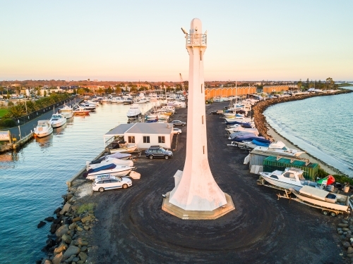 Looking down at the St Kilda Lighthouse and boats marked at the marina