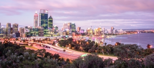 Perth city skyline in the evening.