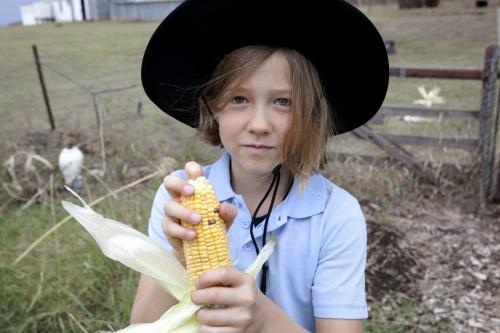 Schoolgirl wearing uniform and hat holding freshly picked corn