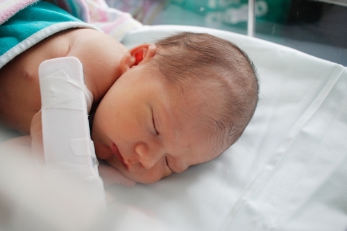 Sleeping newborn in hospital