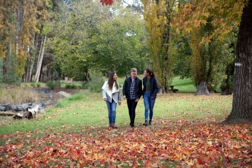 Three young people walking together in a park