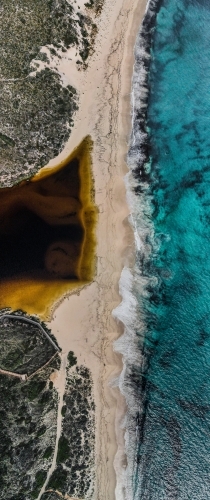 top view shot of a beach with white and yellow sand, bushes, and waves on a sunny day