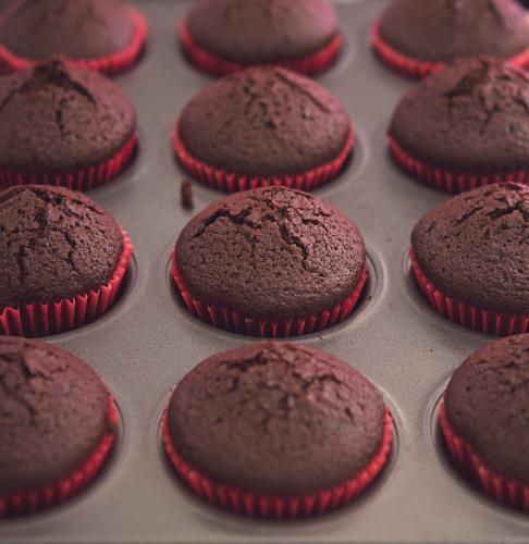 Tray of chocolate cupcakes fresh out of the oven