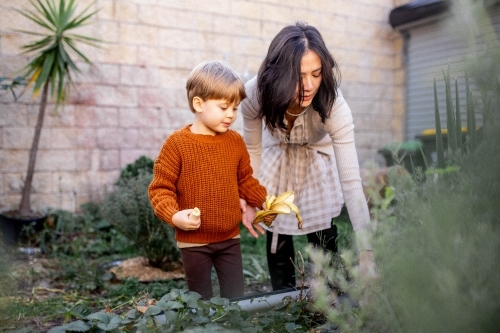 Young boy and mother working in backyard garden together