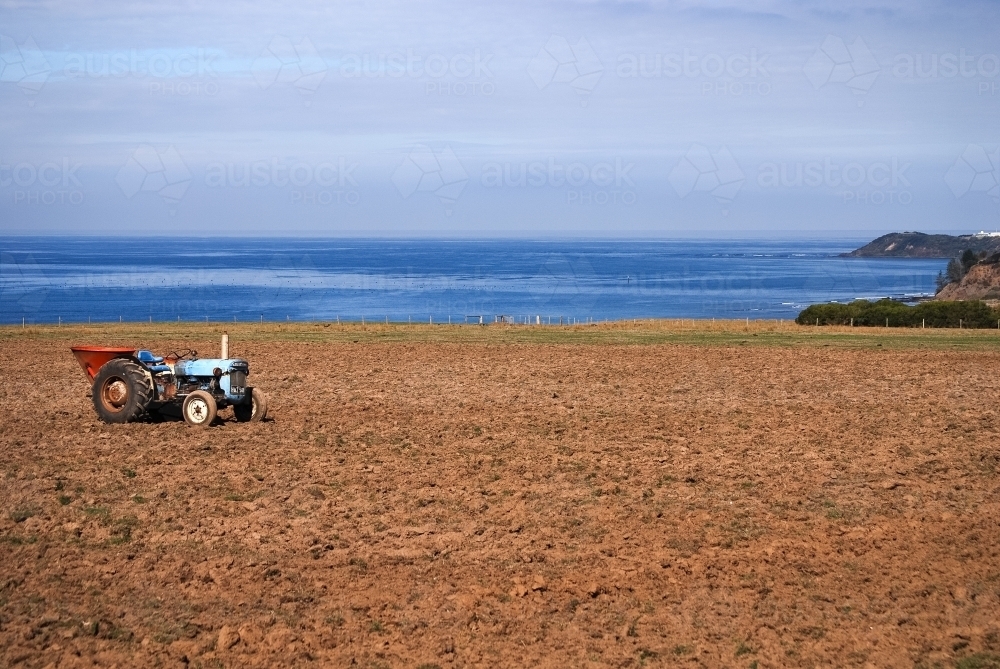 A blue and red tractor on barren farmland overlooking the ocean - Australian Stock Image