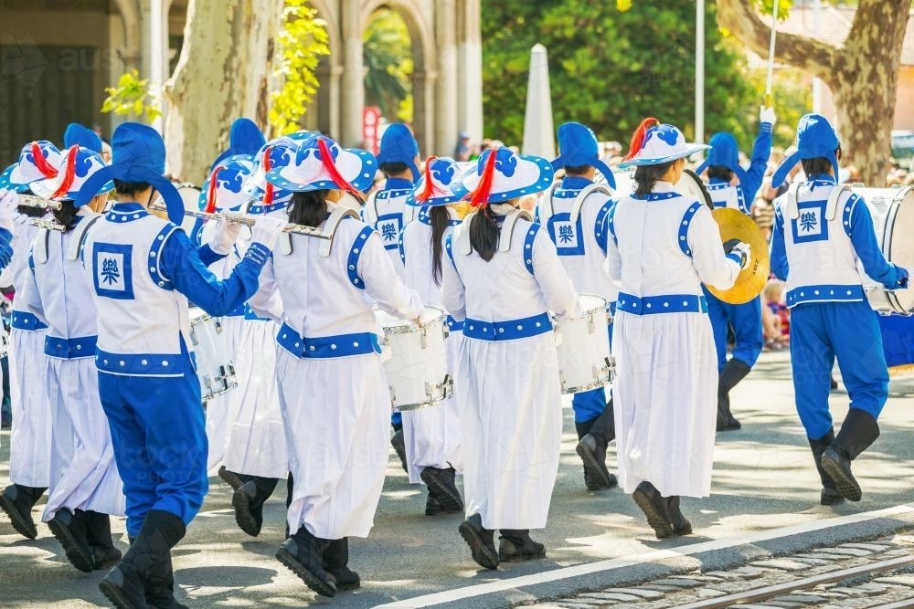 A Chinese marching band in a parade - Australian Stock Image