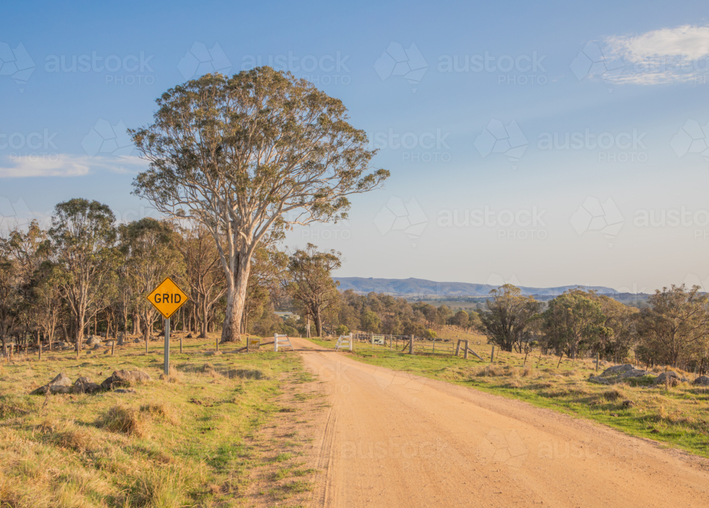 A dirt country road and a cattle grid crossing under a blue sky - Australian Stock Image