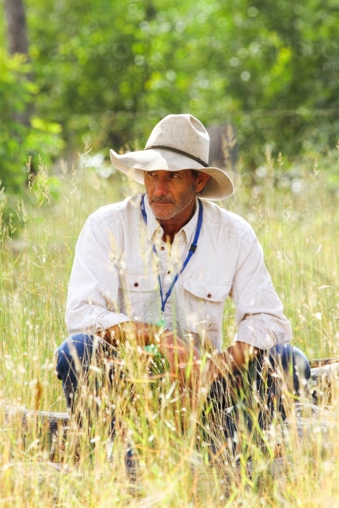 A farmer sits on a log among tall grass. - Australian Stock Image