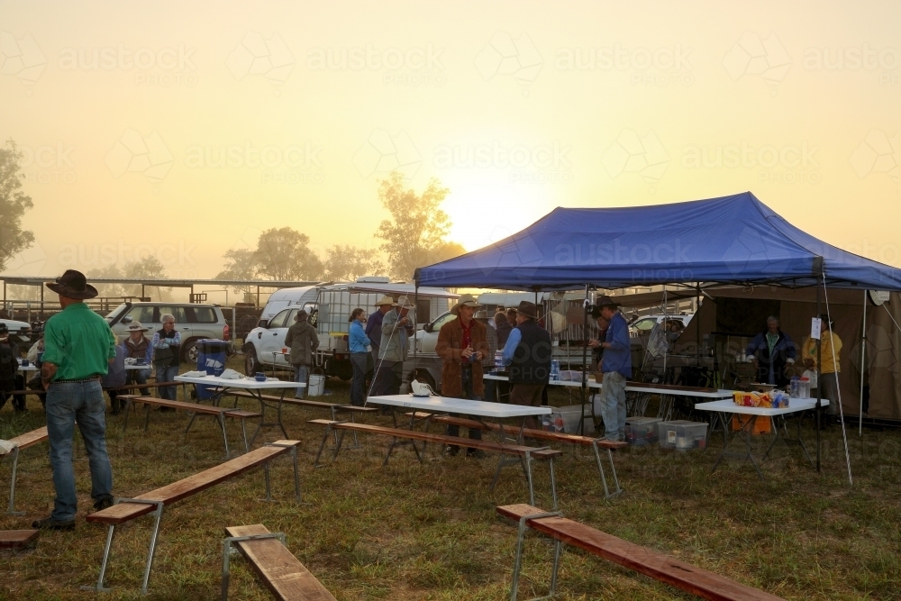 A foggy dawn at a bush camp. - Australian Stock Image