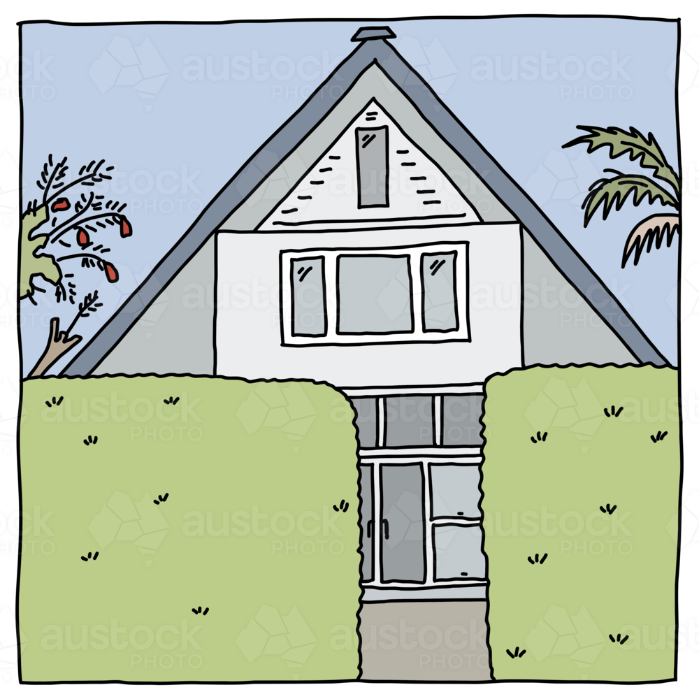 A-frame house behind green hedge with blue sky - Australian Stock Image
