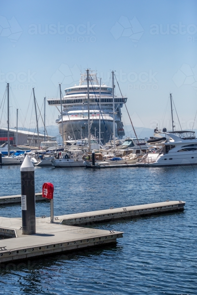 A giant cruise ship alongside Mac 2 and Kings Pier in Hobart. - Australian Stock Image