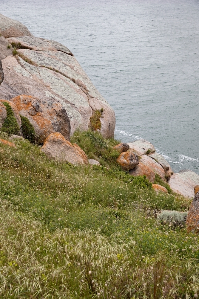 A grassy field leading to the rocky cliffside - Australian Stock Image