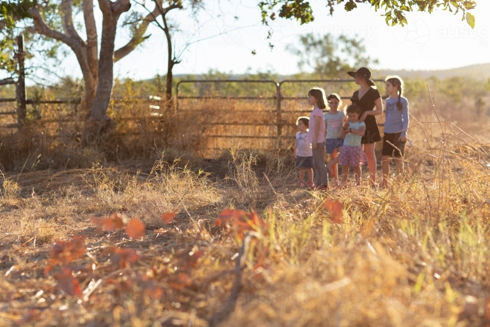 A group of children with their governess in the outback - Australian Stock Image