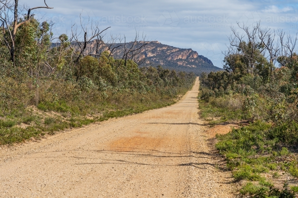 A long straight gravel road cutting through bush toward distant mountains - Australian Stock Image