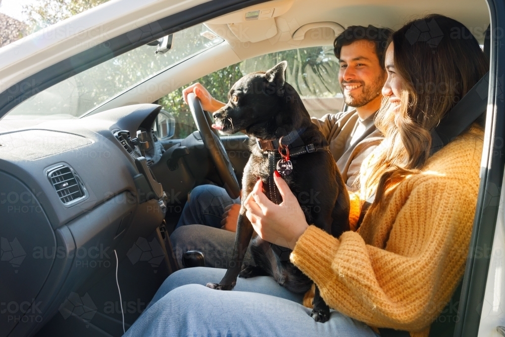 A man and a woman in a car with their dog about to go on a holiday - Australian Stock Image