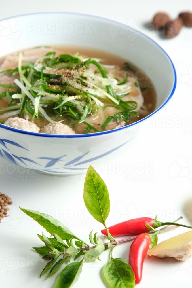 A meatball noodle soup topped with green onions surrounded by spices on the surface. - Australian Stock Image