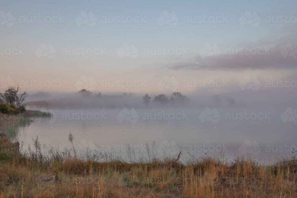 A misty early morning on a country dam - Australian Stock Image