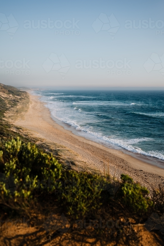 A sandy beach stretching along the bottom half and the ocean extending towards the horizon - Australian Stock Image