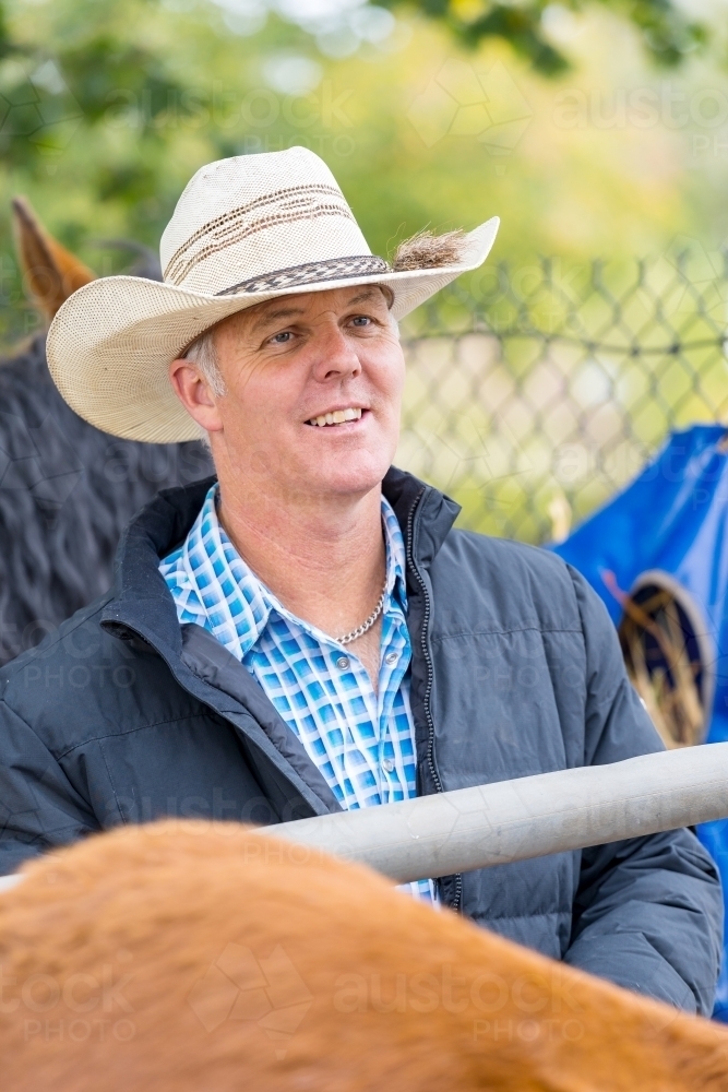 A smiling horseman wearing a cowboy hat standing among his horses - Australian Stock Image