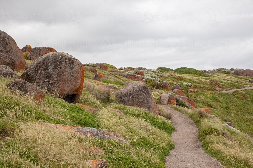 A winding dirt path on a grassy terrain with large rounded boulders - Australian Stock Image