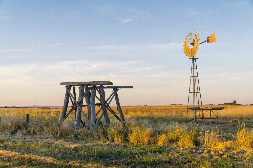 A windmill and old wooden tank stand in a paddock. - Australian Stock Image