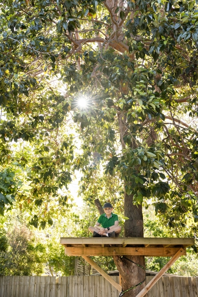 A young boy wearing a hat sitting in a platform tree house in an australian backyard - Australian Stock Image