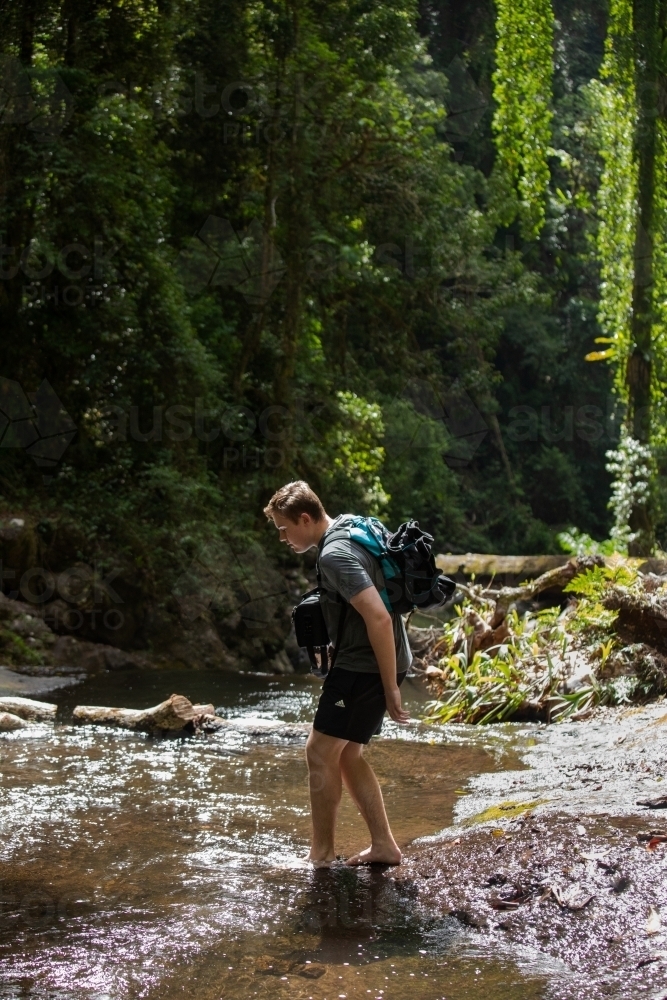 A young male gingerly hikes barefoot across a slippery rainforest stream. - Australian Stock Image