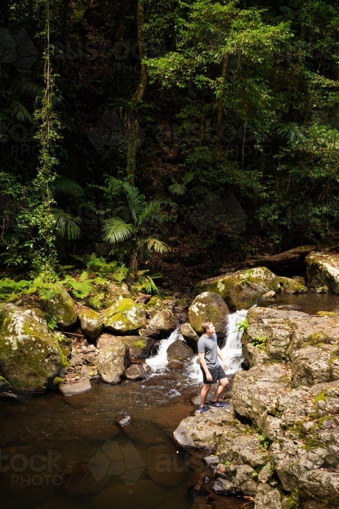 A young male standing beside a small waterfall surrounded by green rainforest. - Australian Stock Image