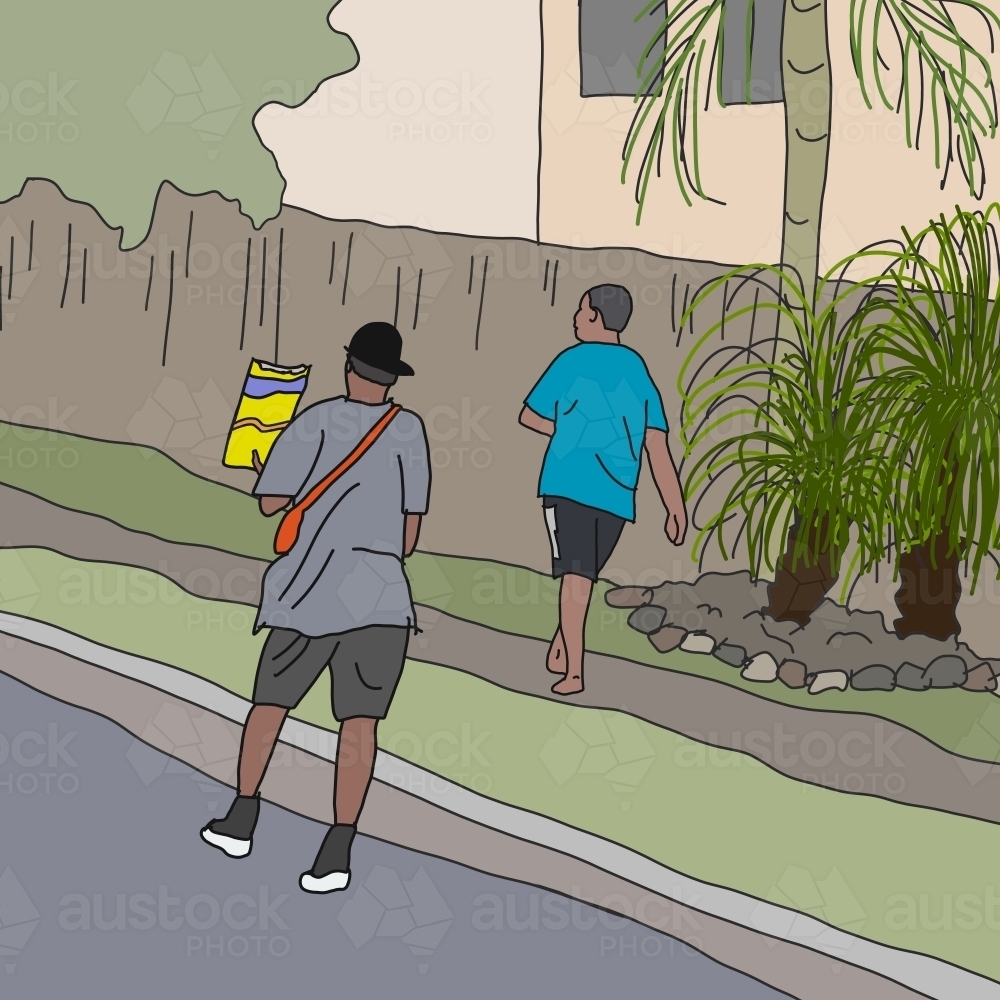 Aboriginal boys walking along footpath and road with snacks - Australian Stock Image