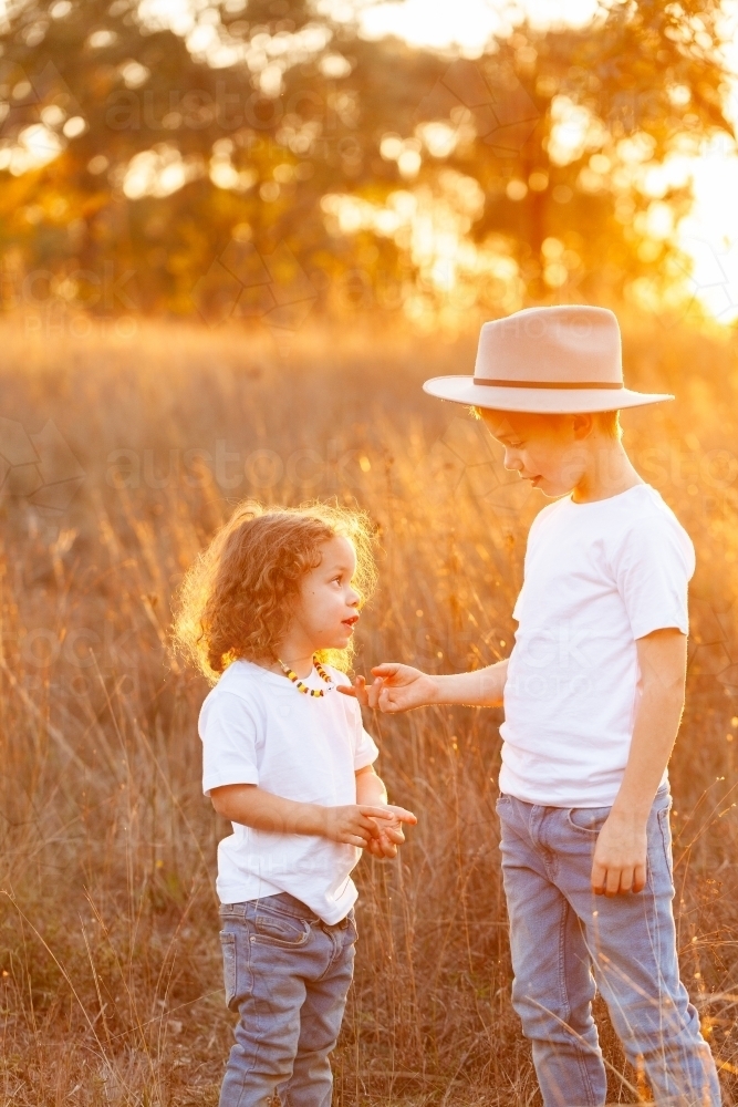 Aboriginal brother and sister talking together in paddock - Australian Stock Image