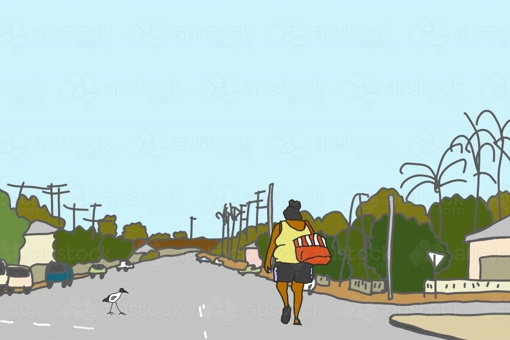 Aboriginal woman in yellow singlet walking down country town street with ibis nearby - Australian Stock Image