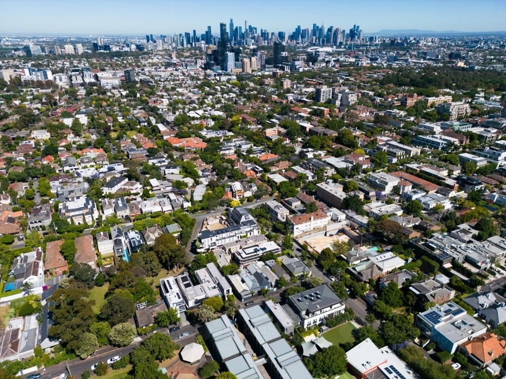 Aerial image above the Melbourne suburb of Toorak looking towards the CBD - Australian Stock Image