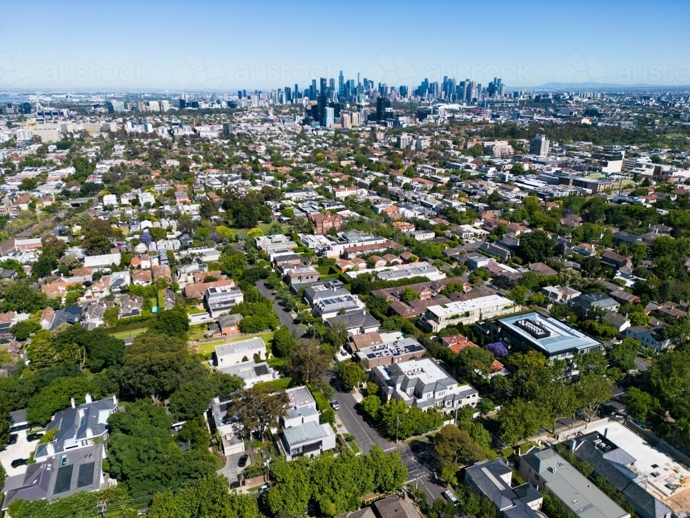 Aerial image above the Melbourne suburb of Toorak looking towards the CBD - Australian Stock Image