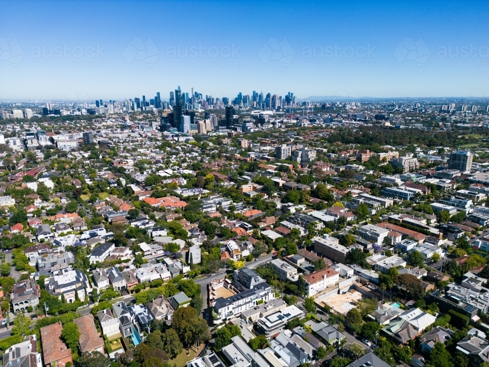 Aerial image above the Melbourne suburb of Toorak looking towards the CBD - Australian Stock Image