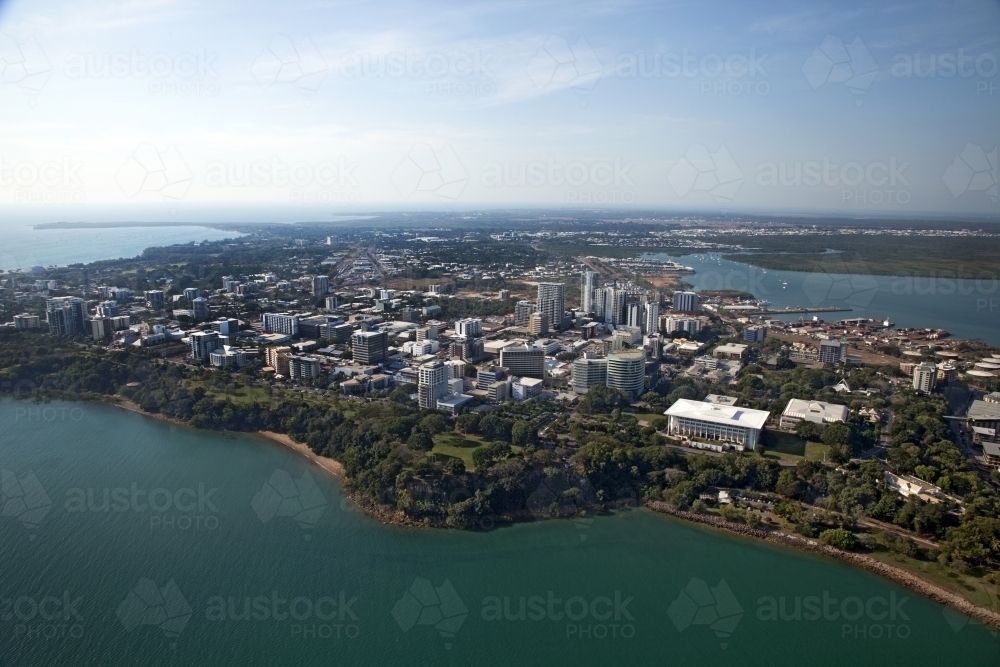 Aerial image of city skyline with surrounding water - Australian Stock Image