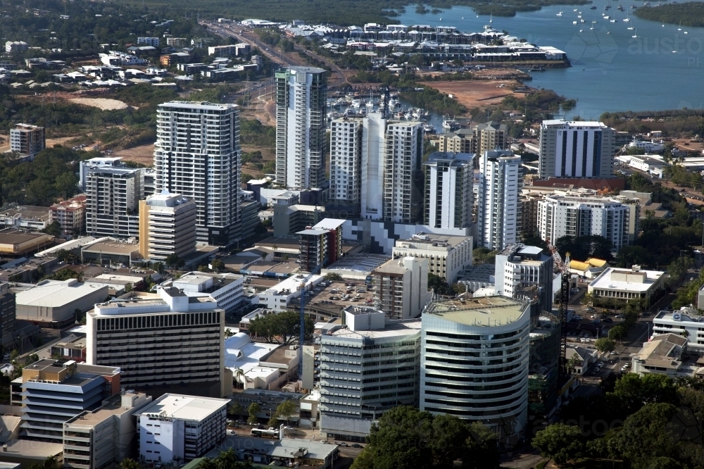 Aerial image of city skyline with surrounding water - Australian Stock Image