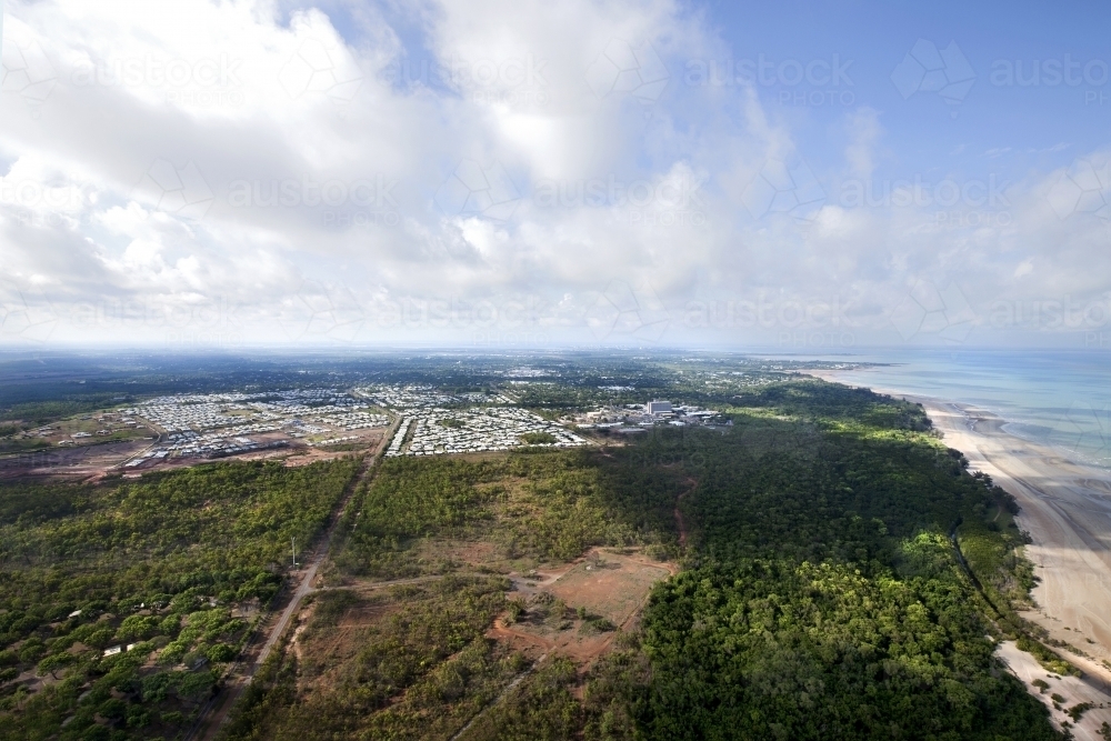 Aerial image of coastline with bushland and housing - Australian Stock Image