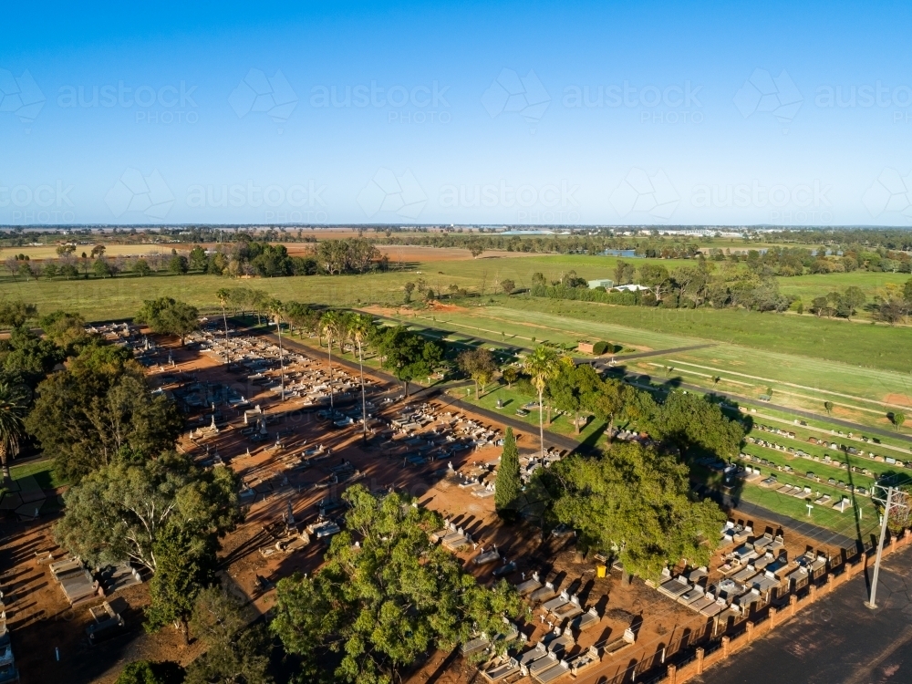 Aerial image of rural Aussie graveyard with old graves and new - Australian Stock Image