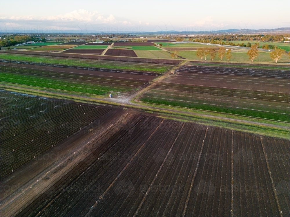 Aerial image of the rich brown earth in the agricultural area of Gatton, Queensland - Australian Stock Image