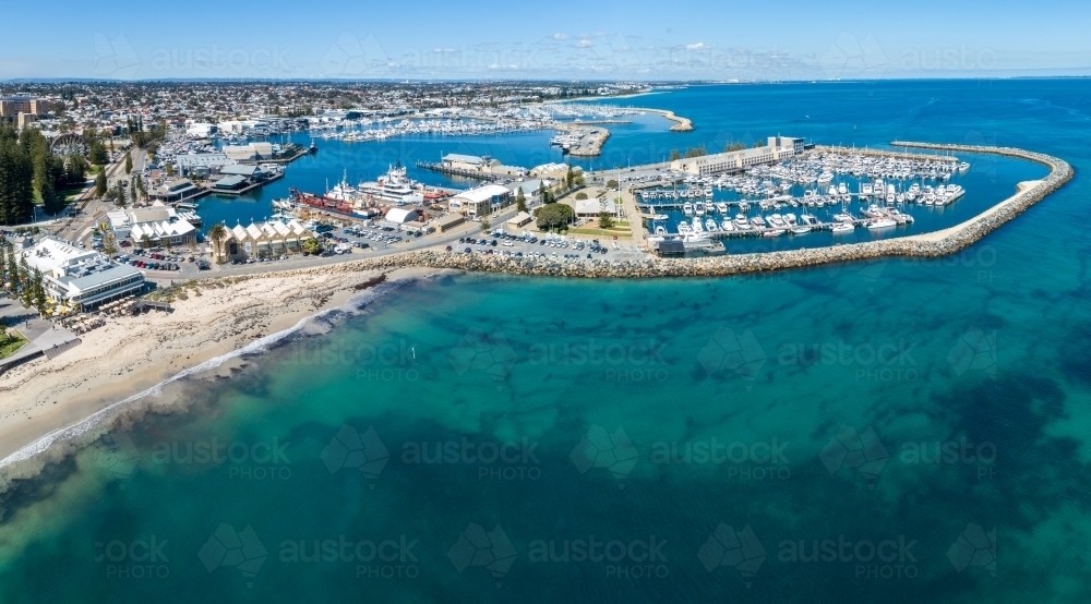 Aerial pano of Bathers Beach, Fremantle Fishing Boat Harbour, and Royal Perth Yacht Club - Fremantle - Australian Stock Image