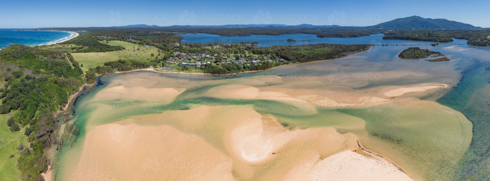 Aerial panorama of sandbars and channels in a coastal lake system - Australian Stock Image
