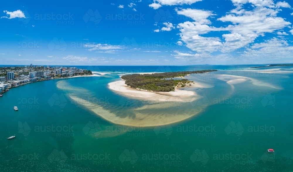 Aerial panorama of tidal bar between Caloundra and Bribie Island, Queensland. - Australian Stock Image