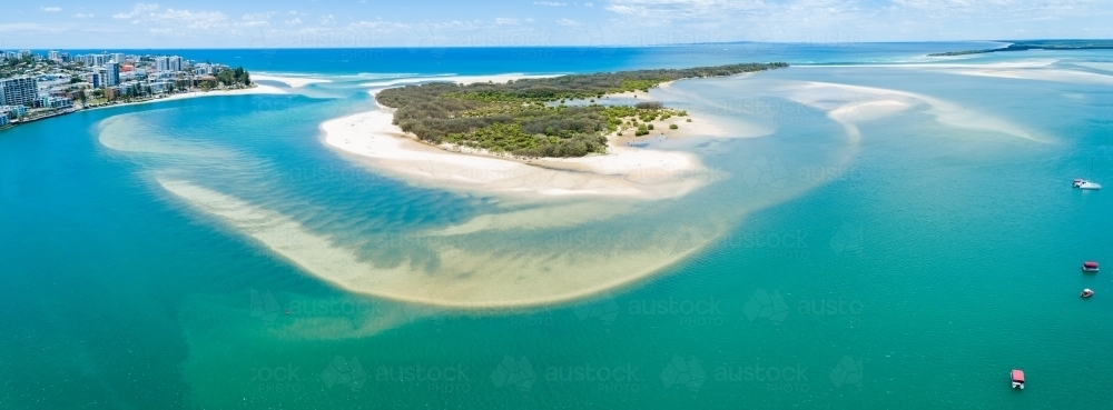 Aerial panoramic view of Pumicestone Passage at Bribie Island and Caloundra, Queensland. - Australian Stock Image