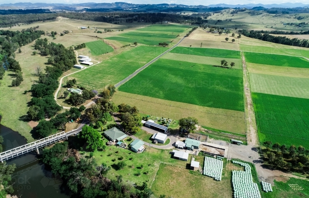 Aerial photo of irrigated paddocks on an aussie farm - Australian Stock Image