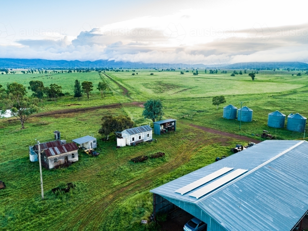 Aerial photo of solar panels on roof of farm shed - Australian Stock Image