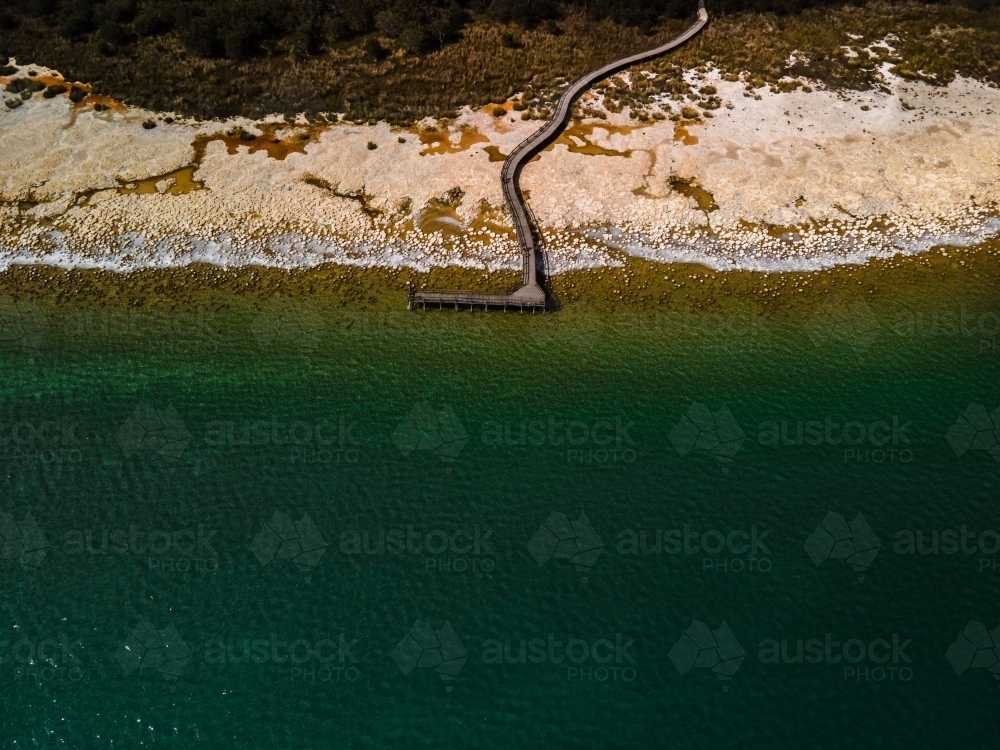 aerial shot of a beach walkway with bushes, trees and waves on a sunny day - Australian Stock Image