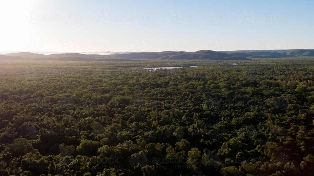 aerial shot of an afternoon view of a forest and mountains - Australian Stock Image