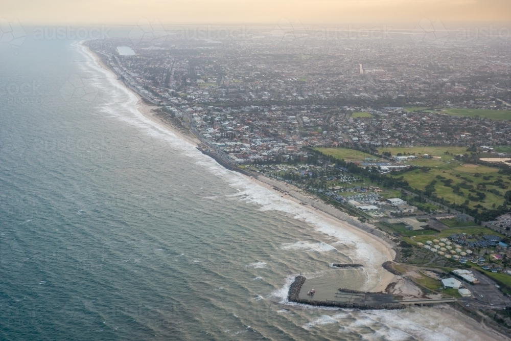 Aerial shot of an island and ocean - Australian Stock Image